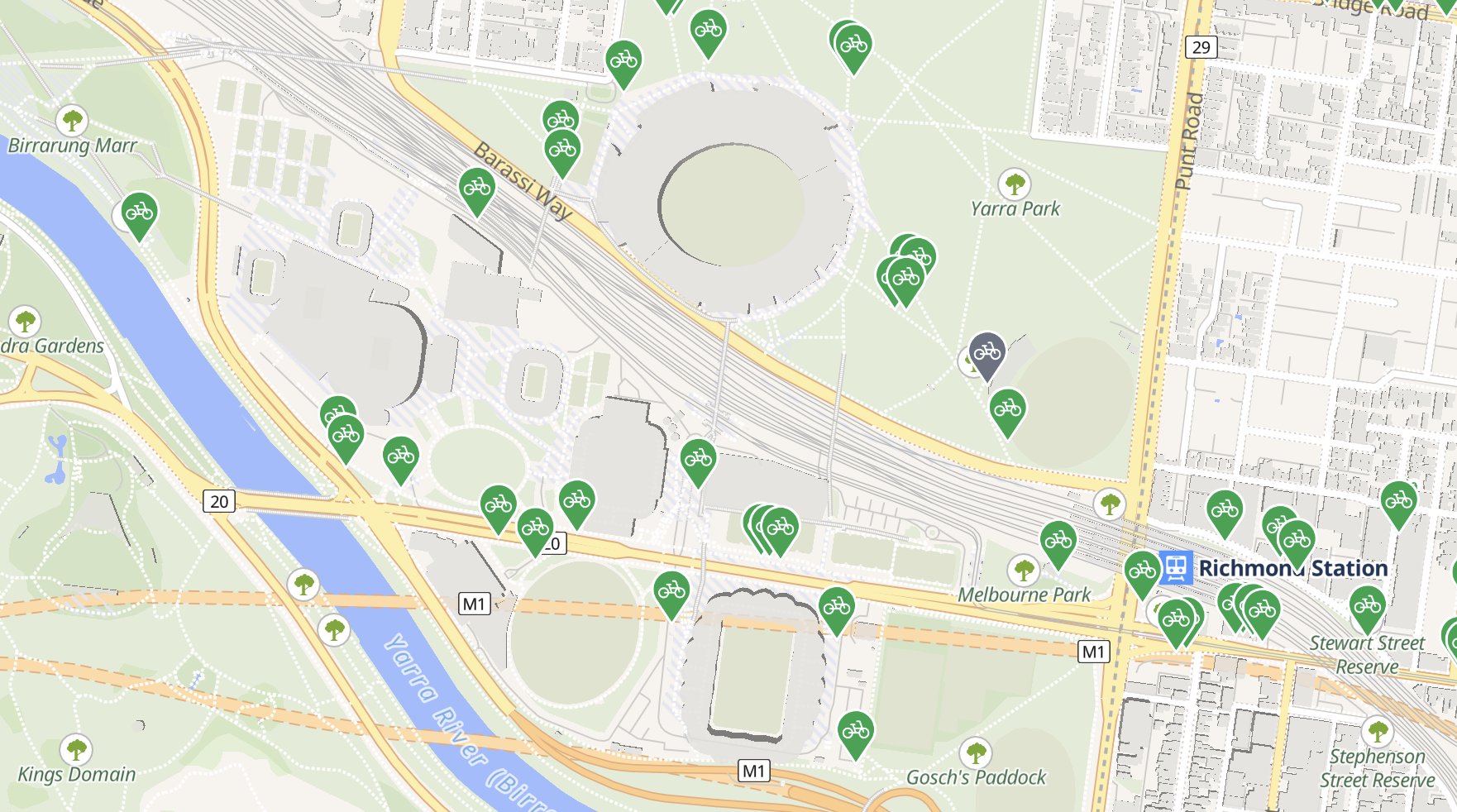 Map of bike parking racks and hoops around Yarra Park, Melbourne Park and Richmond Station.